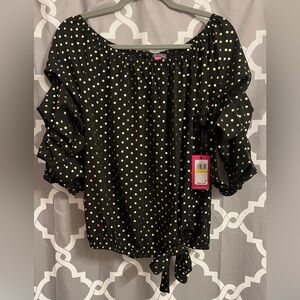 Vince Camuto Black and Gold Foil Polka Dot Blouse Ruffle Sleeves NEW with Tags